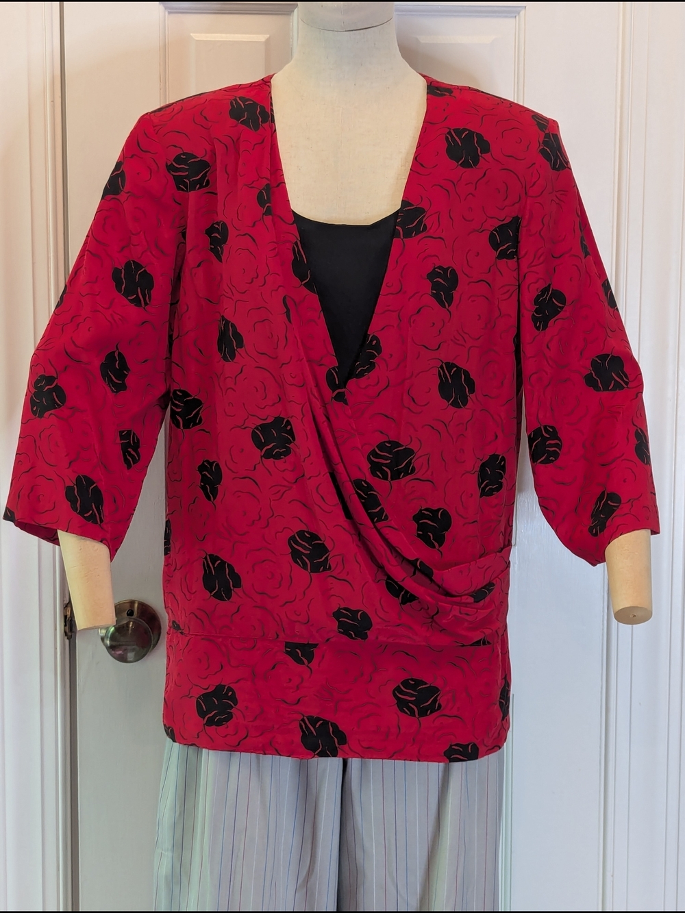 Vintage 1980s Red Silk Abstract Floral Draped V-Neck Women’s Drop Waist Blouse